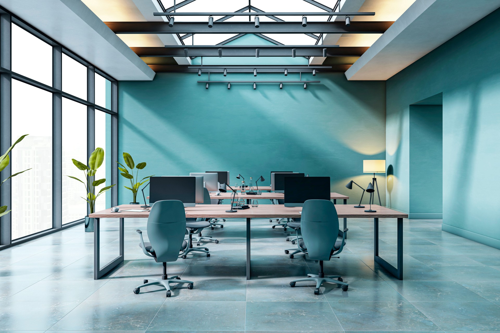 Modern empty office interior with skylight ceiling, blue walls, and minimalist desk setup in luxury corporate building workspace environment. 3D Rendering